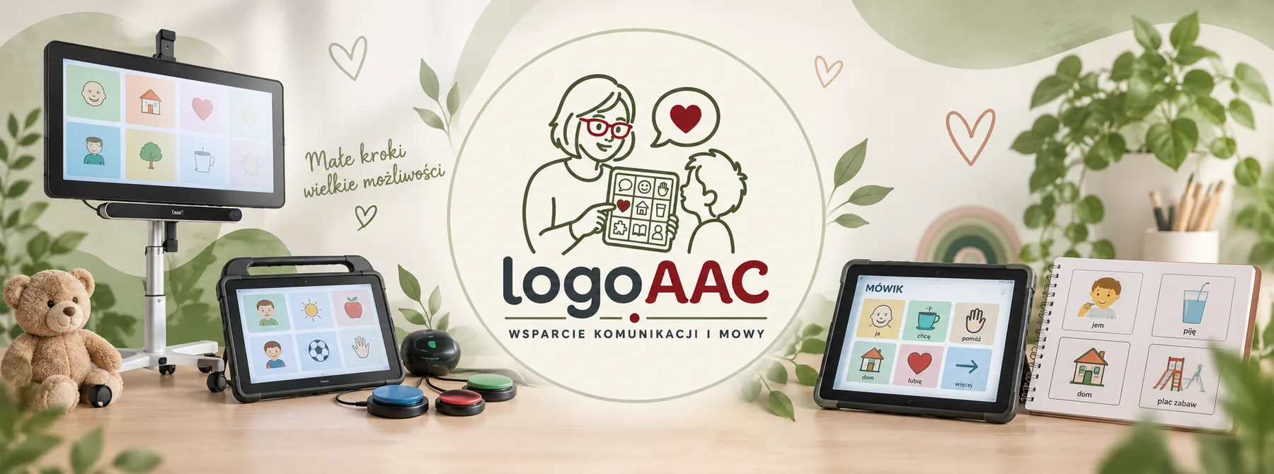 Gabinet logoAAC — tablice i tablety z symbolami komunikacyjnymi, hasło „Małe kroki, wielkie możliwości”